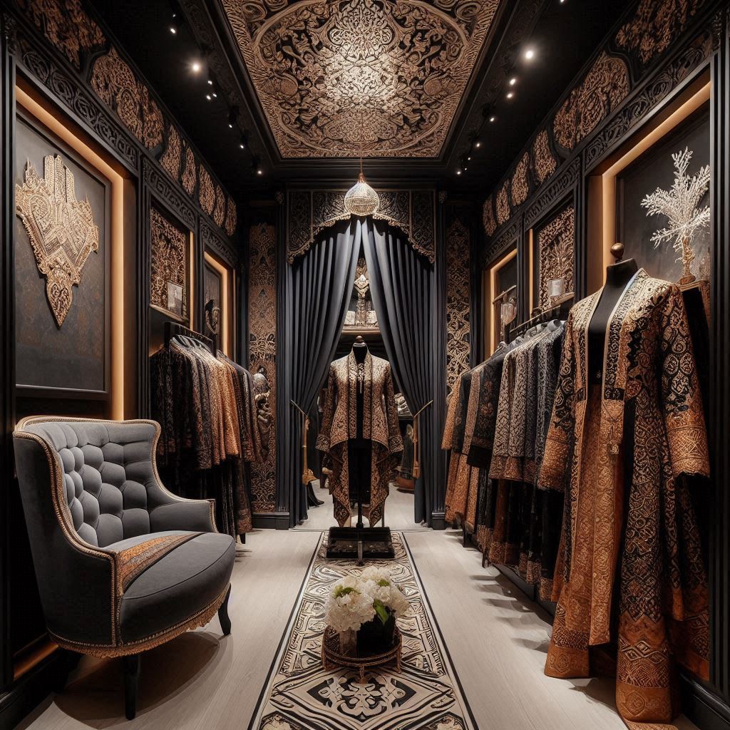 Indonesian batik fashion inside a boutique with a dark theme, HD size
